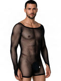 CandyMan 99955 Men's Underwear Patterned Fishnet Long Sleeve Bodysuit Color Black