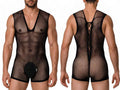 CandyMan 99956 Men's Underwear Sheer Textured Mesh Lace-Up Bodysuit Color Black
