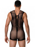 CandyMan 99956 Men's Underwear Sheer Textured Mesh Lace-Up Bodysuit Color Black