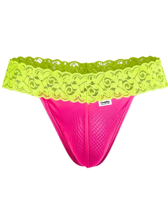 CandyMan 95015 Men's Underwear Seductive Lace Thongs Color Hot Pink-Yellow