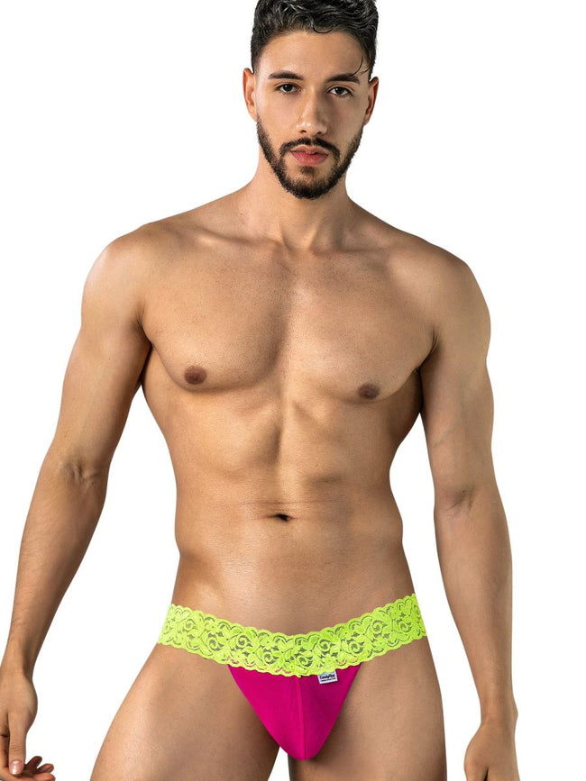 CandyMan 95015 Men's Underwear Seductive Lace Thongs Color Hot Pink-Yellow