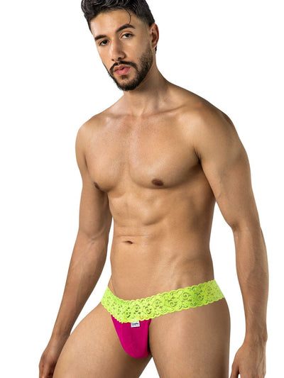 CandyMan 95015 Men's Underwear Seductive Lace Thongs Color Hot Pink-Yellow