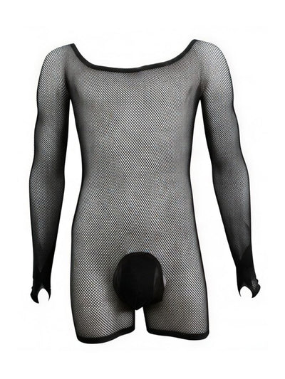 CandyMan 99955 Men's Underwear Patterned Fishnet Long Sleeve Bodysuit Color Black
