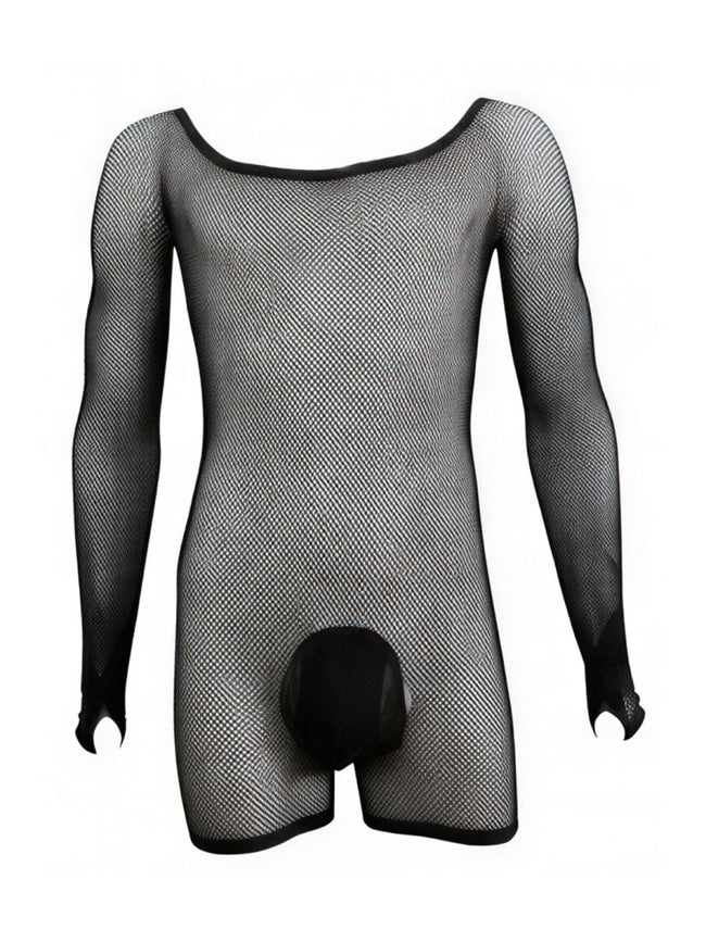 CandyMan 99955 Men's Underwear Patterned Fishnet Long Sleeve Bodysuit Color Black