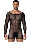 CandyMan 99955 Men's Underwear Patterned Fishnet Long Sleeve Bodysuit Color Black