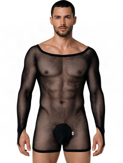 CandyMan 99955 Men's Underwear Patterned Fishnet Long Sleeve Bodysuit Color Black
