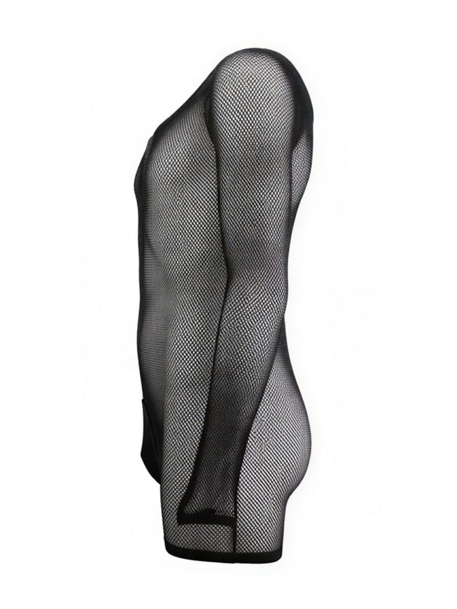 CandyMan 99955 Men's Underwear Patterned Fishnet Long Sleeve Bodysuit Color Black