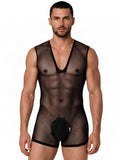 CandyMan 99956 Men's Underwear Sheer Textured Mesh Lace-Up Bodysuit Color Black