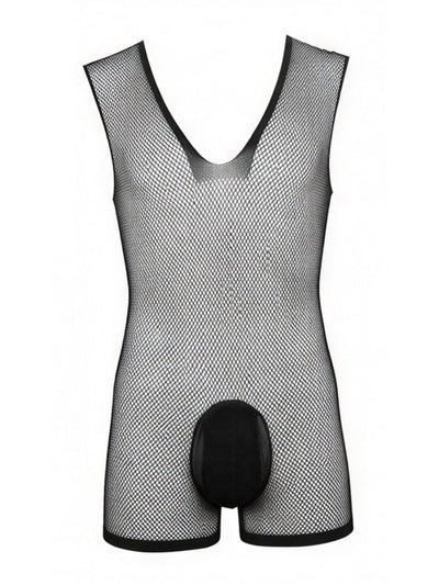 CandyMan 99956 Men's Underwear Sheer Textured Mesh Lace-Up Bodysuit Color Black