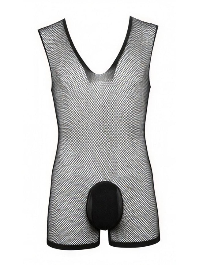 CandyMan 99956 Men's Underwear Sheer Textured Mesh Lace-Up Bodysuit Color Black