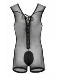 CandyMan 99956 Men's Underwear Sheer Textured Mesh Lace-Up Bodysuit Color Black