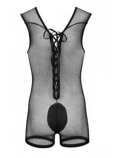 CandyMan 99956 Men's Underwear Sheer Textured Mesh Lace-Up Bodysuit Color Black