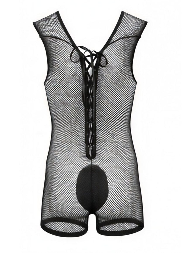 CandyMan 99956 Men's Underwear Sheer Textured Mesh Lace-Up Bodysuit Color Black