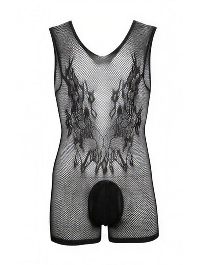 CandyMan 99958 Men's Underwear Sheer Patterned Bodysuit Color Black