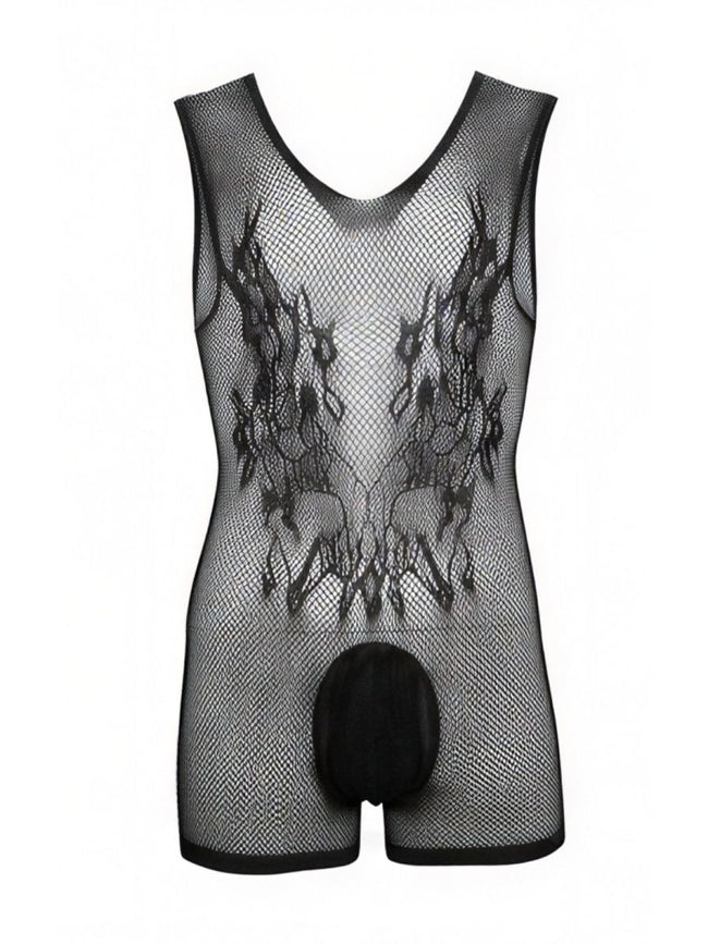 CandyMan 99958 Men's Underwear Sheer Patterned Bodysuit Color Black