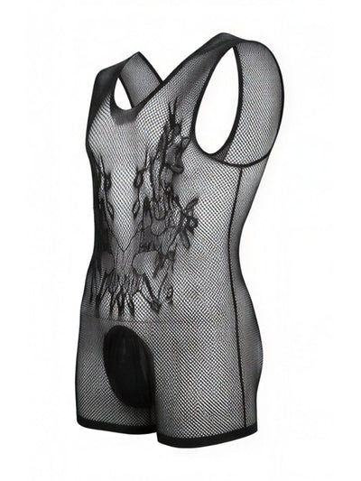 CandyMan 99958 Men's Underwear Sheer Patterned Bodysuit Color Black