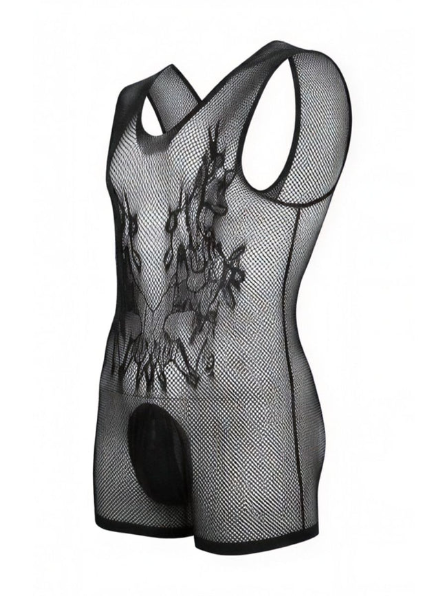 CandyMan 99958 Men's Underwear Sheer Patterned Bodysuit Color Black