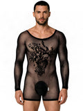 CandyMan 99959 Men's Underwear Bodysuit Alluring Sheer Long Sleeve Color Black