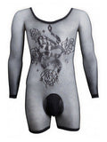 CandyMan 99959 Men's Underwear Bodysuit Alluring Sheer Long Sleeve Color Black