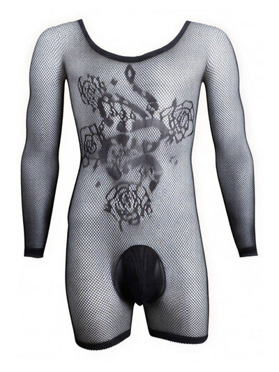 CandyMan 99959 Men's Underwear Bodysuit Alluring Sheer Long Sleeve Color Black