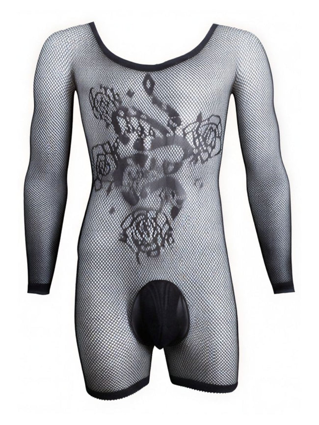 CandyMan 99959 Men's Underwear Bodysuit Alluring Sheer Long Sleeve Color Black