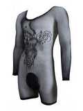 CandyMan 99959 Men's Underwear Bodysuit Alluring Sheer Long Sleeve Color Black