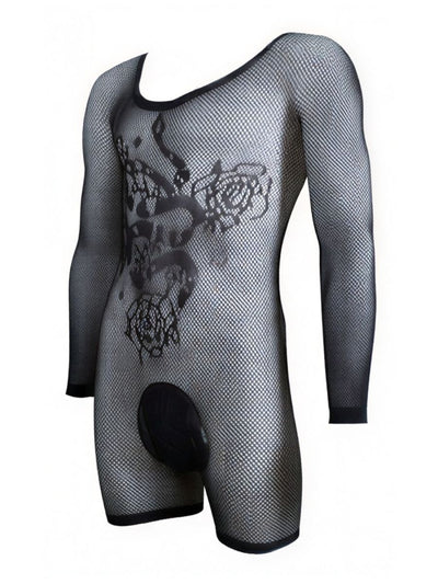 CandyMan 99959 Men's Underwear Bodysuit Alluring Sheer Long Sleeve Color Black